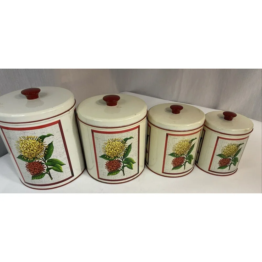MCM 1950s Maid of Honor Metal 4pc Kitchen Canister Set Floral Pattern Red Knobs